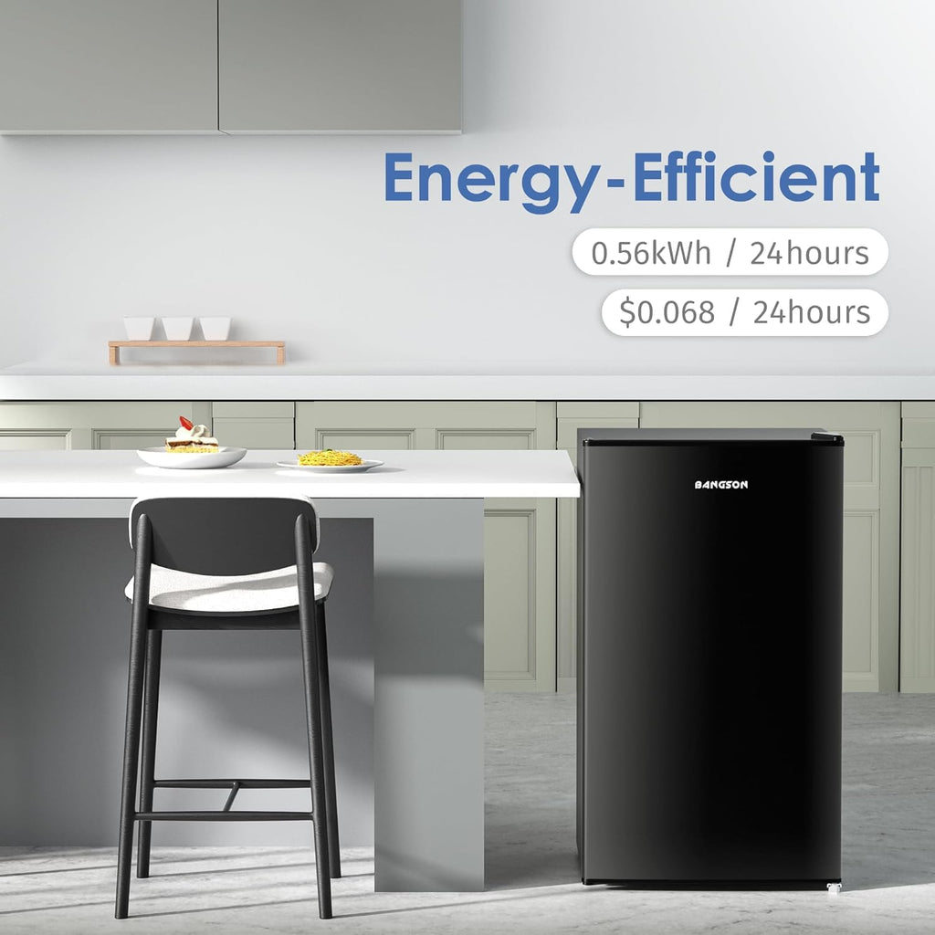 BANGSON Mini Fridge with Freezer, 3.2Cu.Ft, Single Door Small Refrigerator, Energy-efficient, Low Noise, Mini fridge for Bedroom Dorm and Office, Black