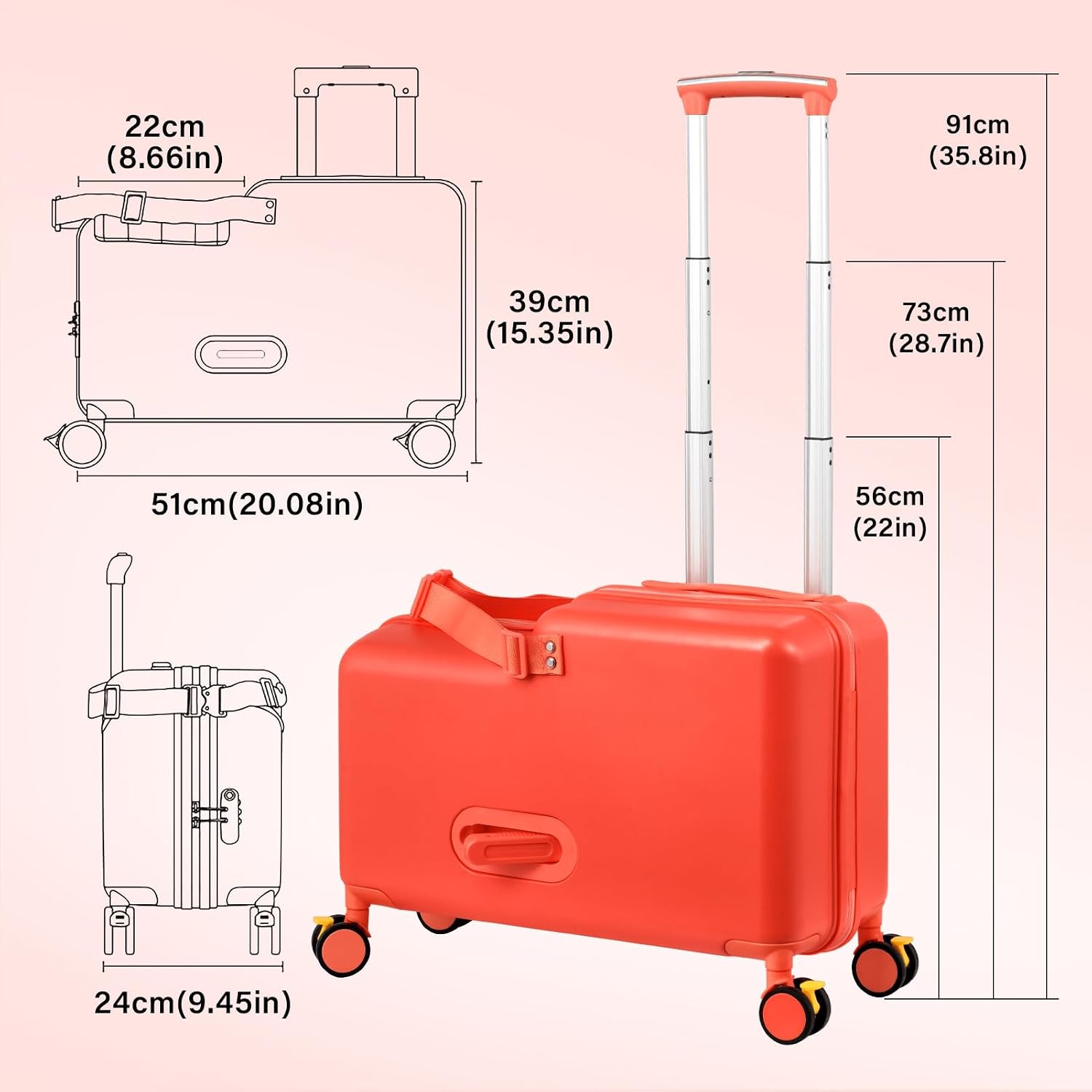 Kids Ride On Suitcase | 20 Inch Kid Carry-On Luggage with Seat, Folding Handlebar & Adjustable Belt | Fun Rideable Travel Case for Boys & Girls, Ideal for Airplane Travel