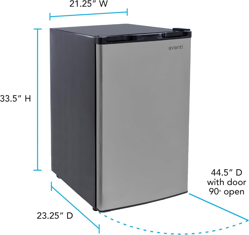 Avanti 4.5 Cu. Ft. Compact Refrigerator with Freezer, Stainless Steel Mini Fridge with Adjustable Glass Shelves, Gallon Door Storage, LED Light & Reversible Door, 4.5-Cu.Ft., Stainless Steel