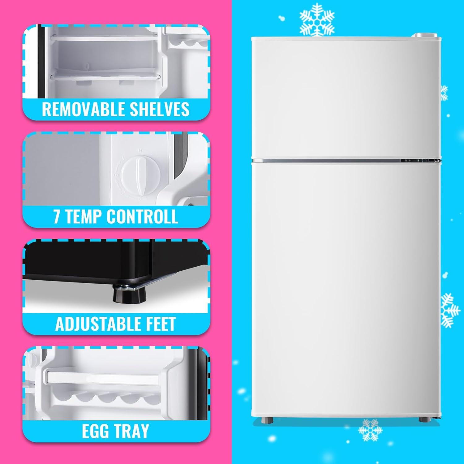 DEMULLER Retro Mini Fridge with Freezer Dual Door Apartment Size Small Refrigerator with Egg Tray, Dorm Fridge with Removable Plastic Shelves, 2.4Cu.ft, 14.96' D x 14.57' W x 30.8' H, White