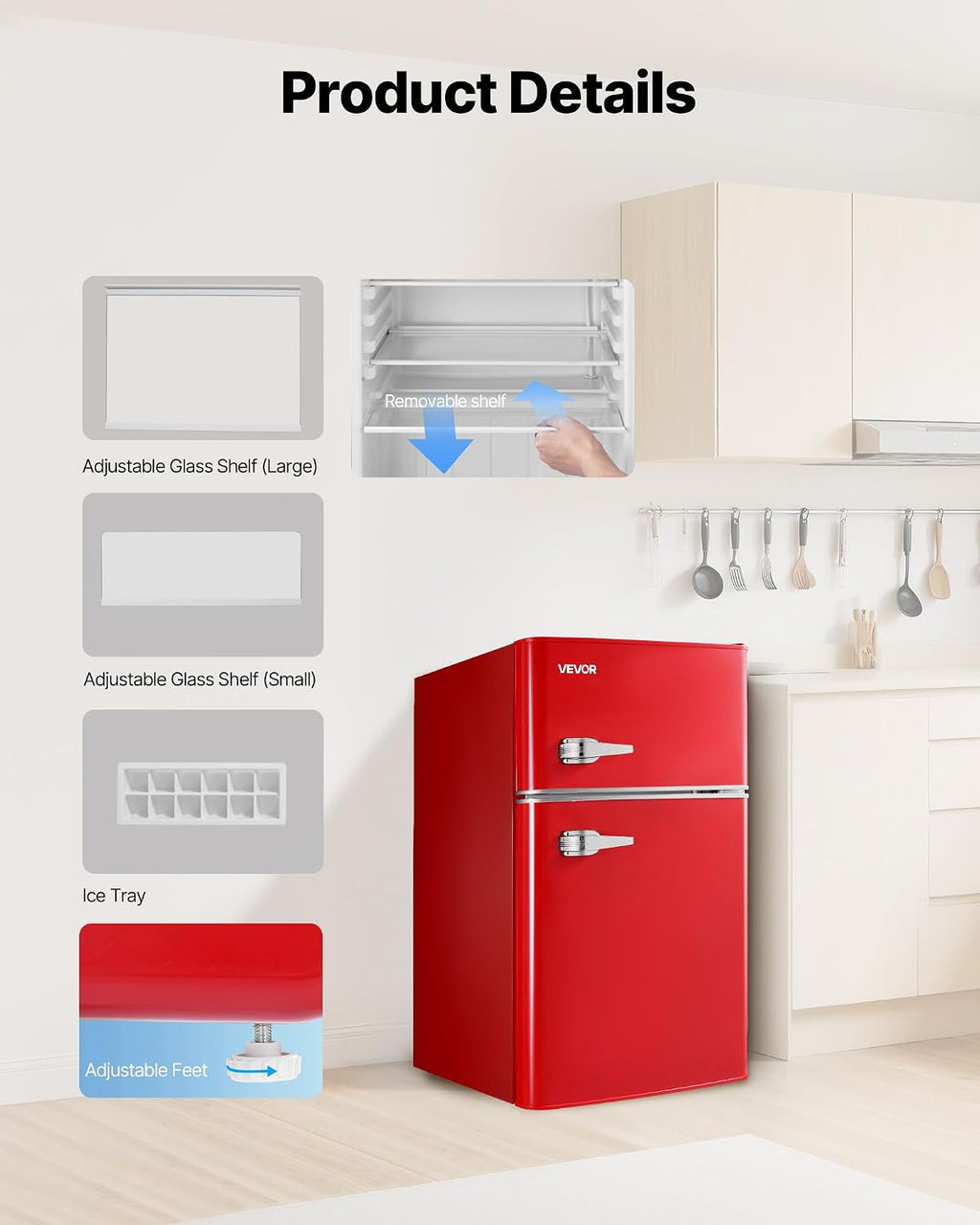 VEVOR 3.2 Cu.Ft Mini Fridge with Freezer, Dual Zone Compact Refrigerator, 7-Mode Adjustable Temp, Energy Efficient Low Noise Dorm Fridge, Small Refrigerator for Bedroom, Office, Retro Red