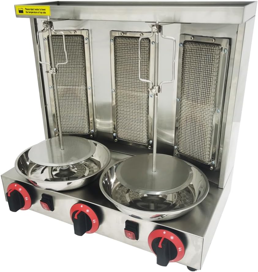 LPG Shawarma Grill Machine Doner Kebab Machine Gas Vertical Broiler Kebab Gyro Grill Machine with 3 Burner， Adjustable Temperature, 360° Rotating