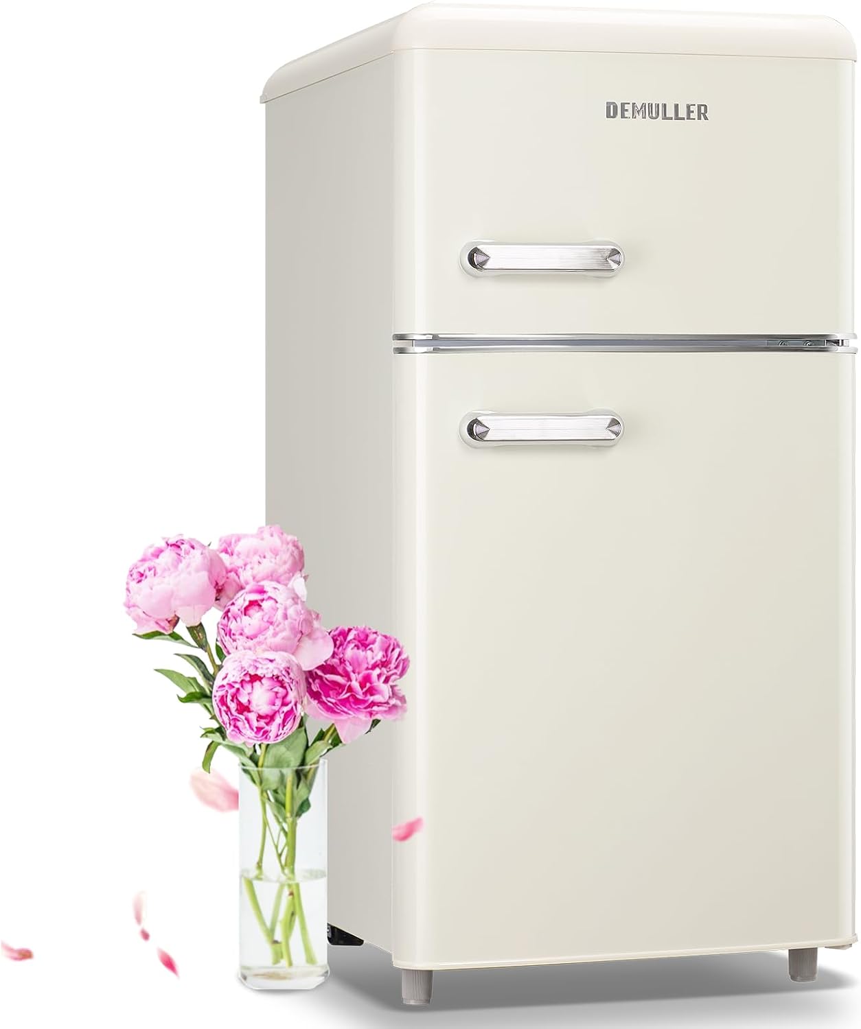 DEMULLER 3.5 Cu.ft Retro Mini Fridge with Freezer Dual Doors & Handles Compact Refrigerator with 7 Thermostat Control Freestanding Small Fridge with LED Light Cream