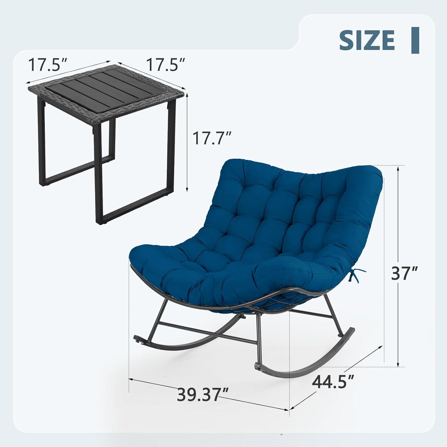 Outdoor Rocking Chairs Set of 2 with Wicker Side Table, Thick Cushioned Papasan Rocking Chairs with End Table, 3PCS Oversized Egg Chair Set for Patio, Porch, Balcony, Bedroom, Living Room, Navy Blue
