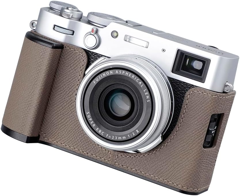 Camera Half Case for Fujifilm Fuji X100VI,Vintage Metal Genuine Leather Instant Camera Protective Cases Stylish Portable Shockproof (Gray)