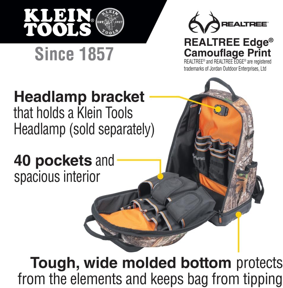 Klein Tools 62800BPCAMO Backpack Tool Bag, Tradesman Pro Extra-Large 40-Pocket Jobsite Camo Tool Backpack with Molded Bottom, Charging Port