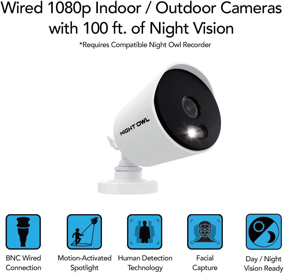 Night Owl 1080p HD Wired Indoor/Outdoor Add-On Cameras with Built-in Motion-Activated Spotlights, 100 ft. of Night Vision, Wide Viewing Angle and Color Night Vision (2-Pack)