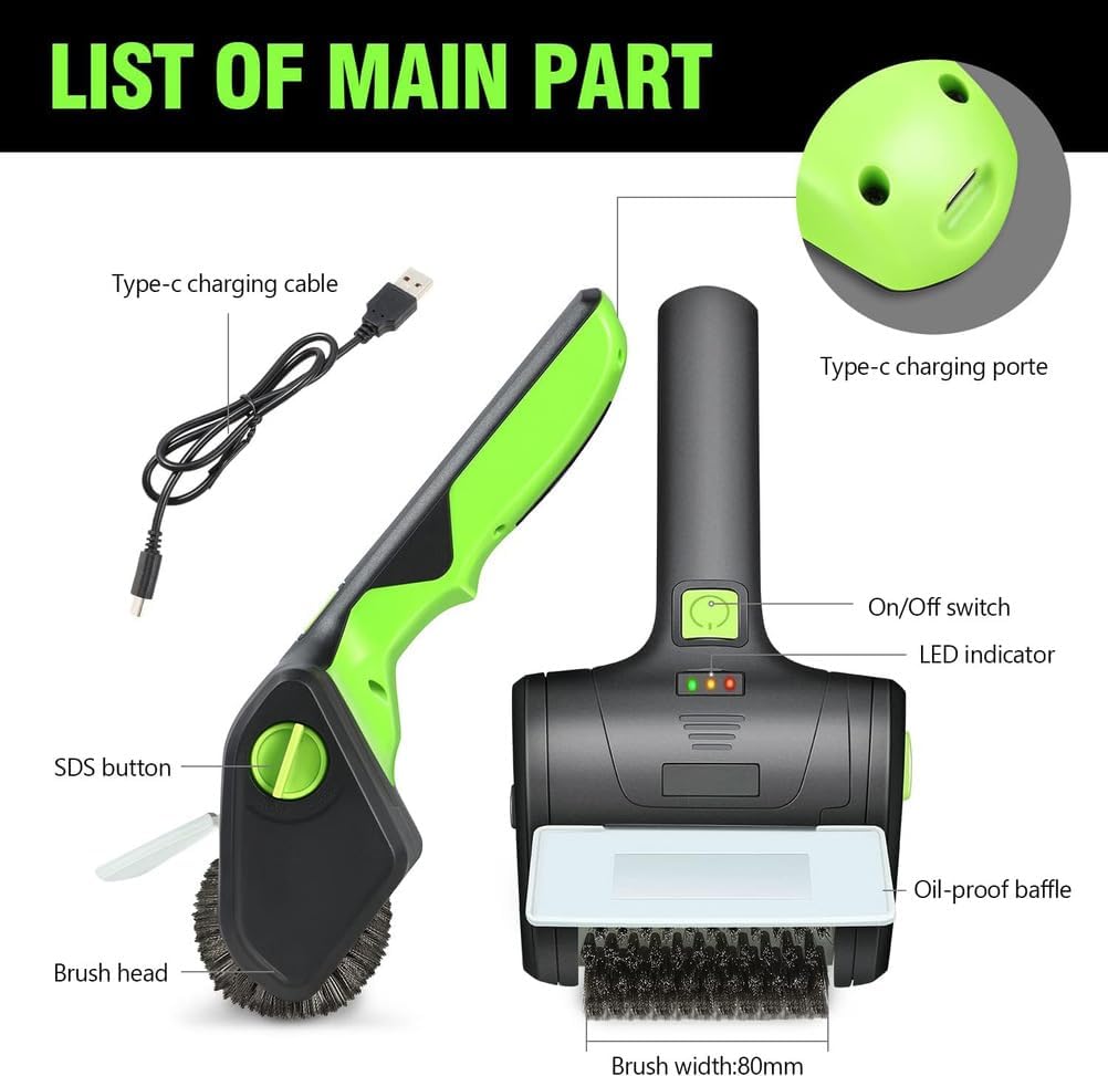 Electric Grill Brush,360°Rotating Brush Head, 304 Removable Brush Head, Cordless & Type-C Rechargeable Grill Cleaning Tool for Outdoor BBQ