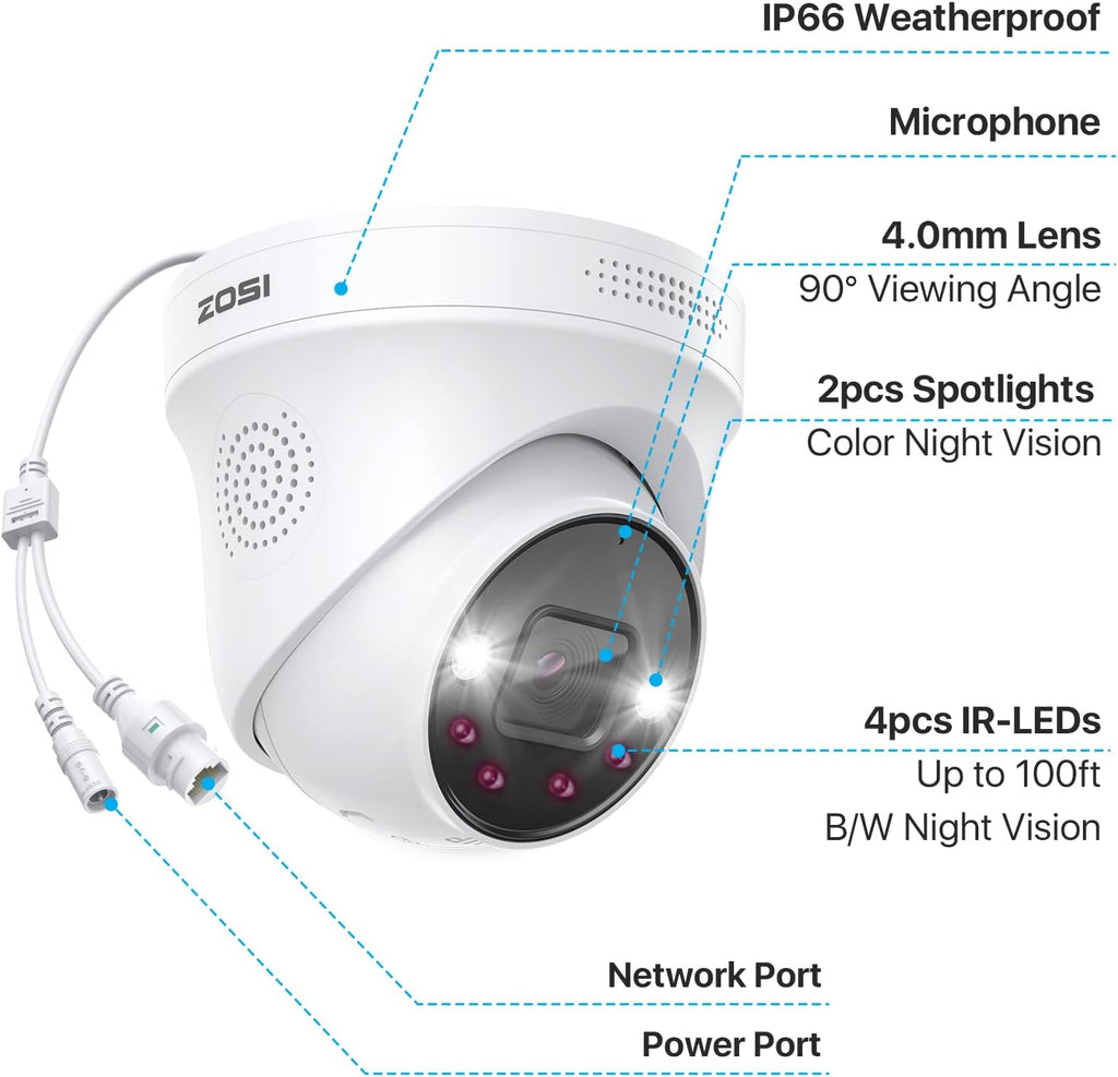 ZOSI 4 Pack 4K PoE Outdoor Security Camera, Human Detection, Two Way Audio, 8MP IP Dome Add-On Camera with Network Cable for ZOSI 4K PoE NVR