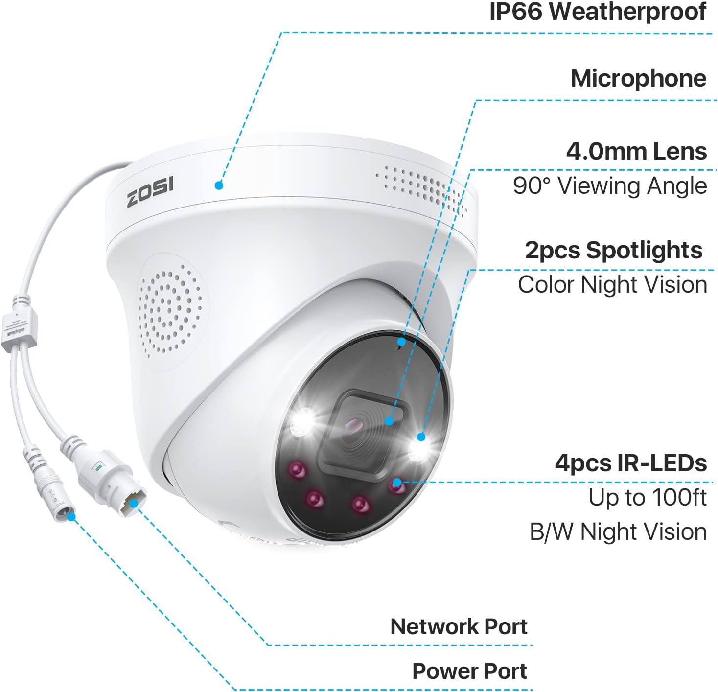 ZOSI 4 Pack 4K PoE Outdoor Security Camera, Human Detection, Two Way Audio, 8MP IP Dome Add-On Camera with Network Cable for ZOSI 4K PoE NVR