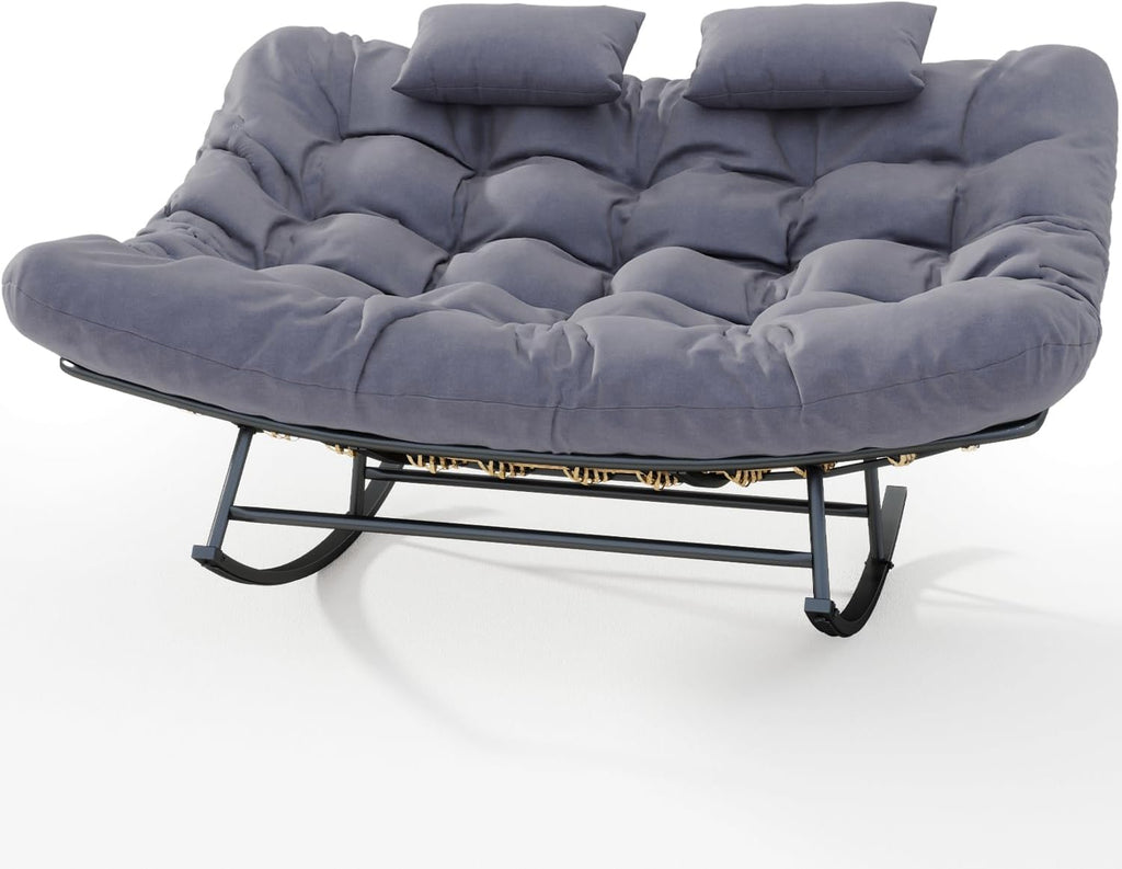 ROCSUMOO Double Outdoor Rocking Papasan Chair, Oversized Rocking Chair for 2-Person, Loveseat Rocker with Soft Cushion & Rattan Frame, Large Lounge for Patio Garden Balcony (Gray)
