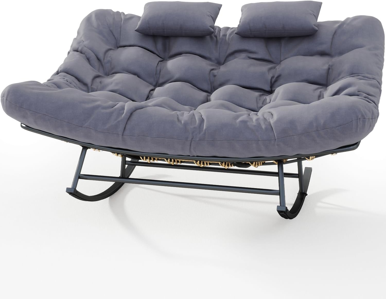 ROCSUMOO Double Outdoor Rocking Papasan Chair, Oversized Rocking Chair for 2-Person, Loveseat Rocker with Soft Cushion & Rattan Frame, Large Lounge for Patio Garden Balcony (Gray)