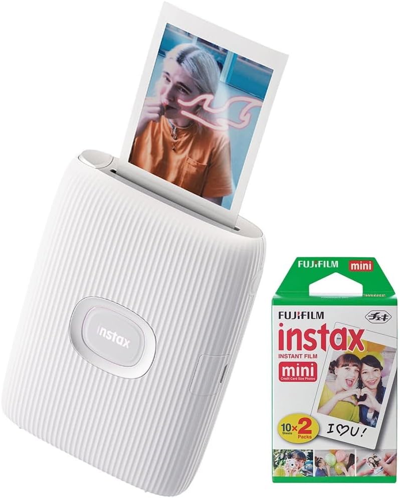 Fujifilm 16767155 Instax Mini Link 2 Smartphone Printer Clay White Bundle Instax Mini Twin Pack Picture Format Instant Daylight Film 20 Shots