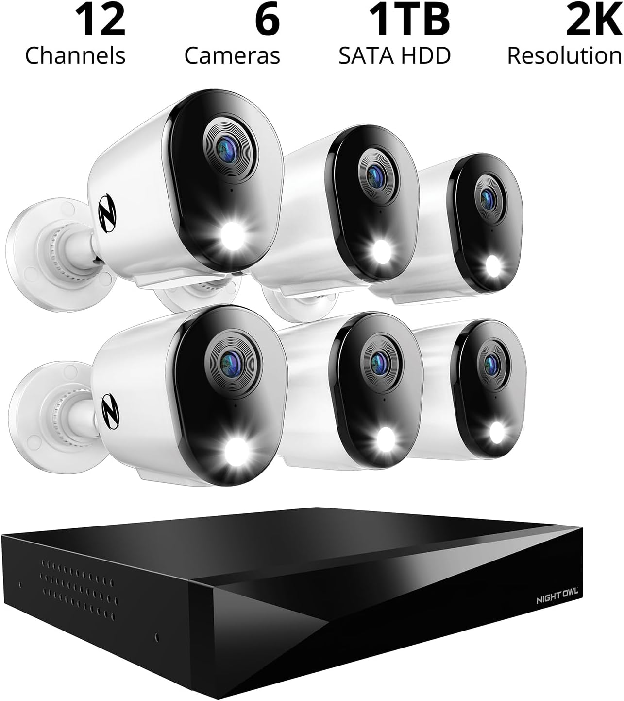 Night Owl 2-Way Audio 12 Channel DVR Video Home Security Camera System with (6) Wired 2K HD Indoor/Outdoor Deterrence Cameras and 1TB Hard Drive (Add up to 2 More Wired and 4 Wi-Fi Cameras)