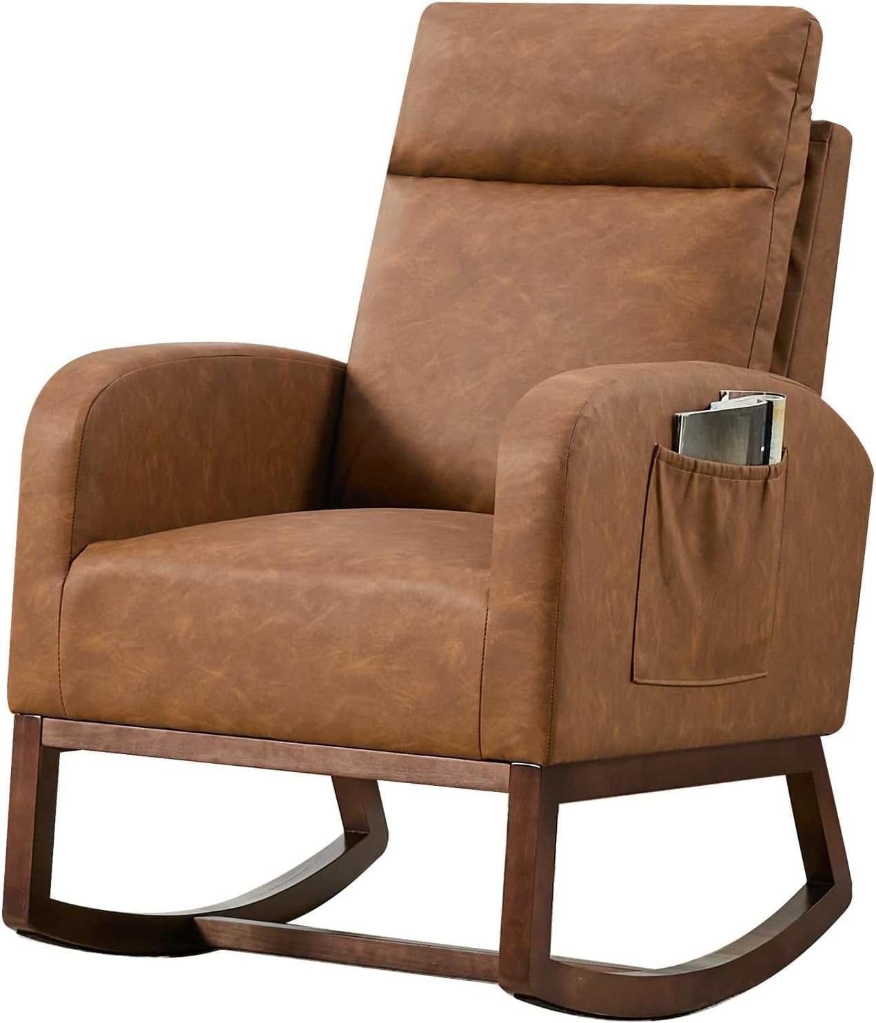 Nursery Rocking Chair, Comfy Modern Glider Rocking Chair with High Backrest and Armrest, Teddy Upholstered Rocking Accent Chair with Side Pockets for Living Room, Bedroom, Office,Brown