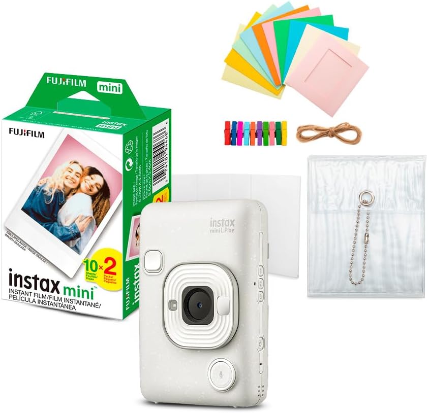Fujifilm Instax Mini LiPlay Hybrid Instant Camera and Smartphone Printer (Misty White) Bundle with Instax Mini Twin Film Pack (20 Exposures), and Accessory Kit (3 Items)