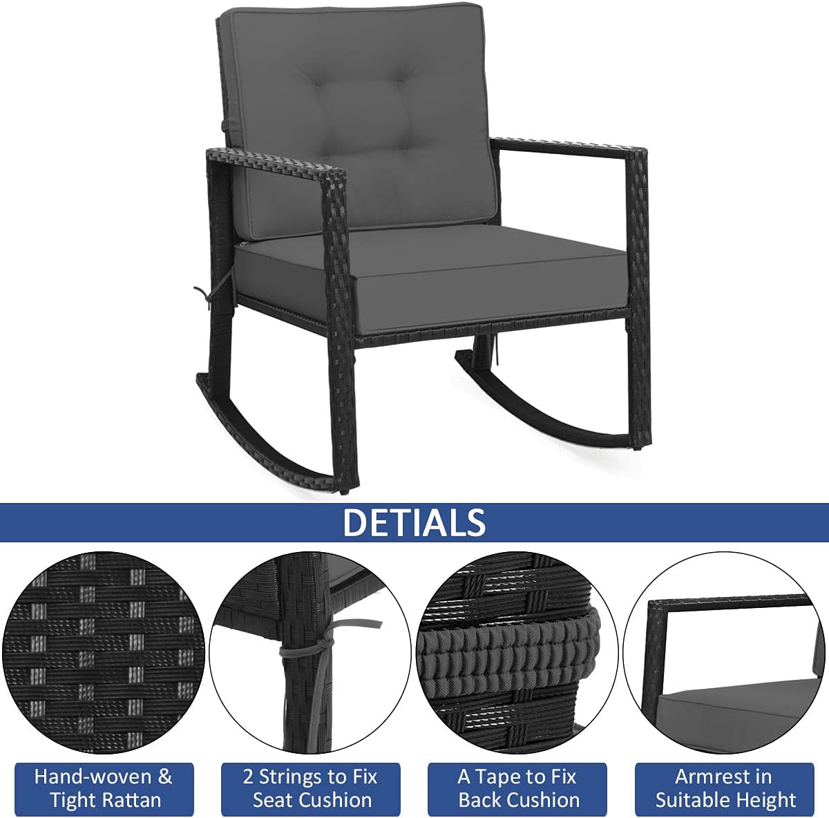 HAPPYGRILL Wicker Rocking Chair, Outdoor Patio Glider Chair with Heavy-Duty Frame, Thick Cushion, Rattan Rocking Chair for Backyard Garden Porch