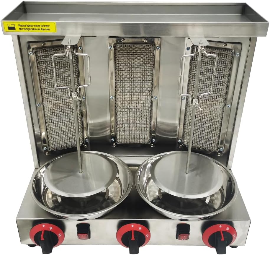 LPG Shawarma Grill Machine Doner Kebab Machine Gas Vertical Broiler Kebab Gyro Grill Machine with 3 Burner， Adjustable Temperature, 360° Rotating