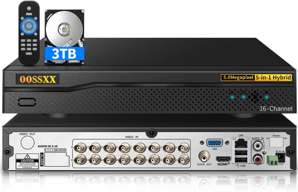 (2026 Upgrade) 16 Channel 5MP Hybrid Security DVR Recorder with 3TB HDD, 16CH CCTV Surveillance System for TVI/CVI/AHD/Analog/IP Cameras, ONVIF Compatible, Free App Remote Access, 24/7 Recording