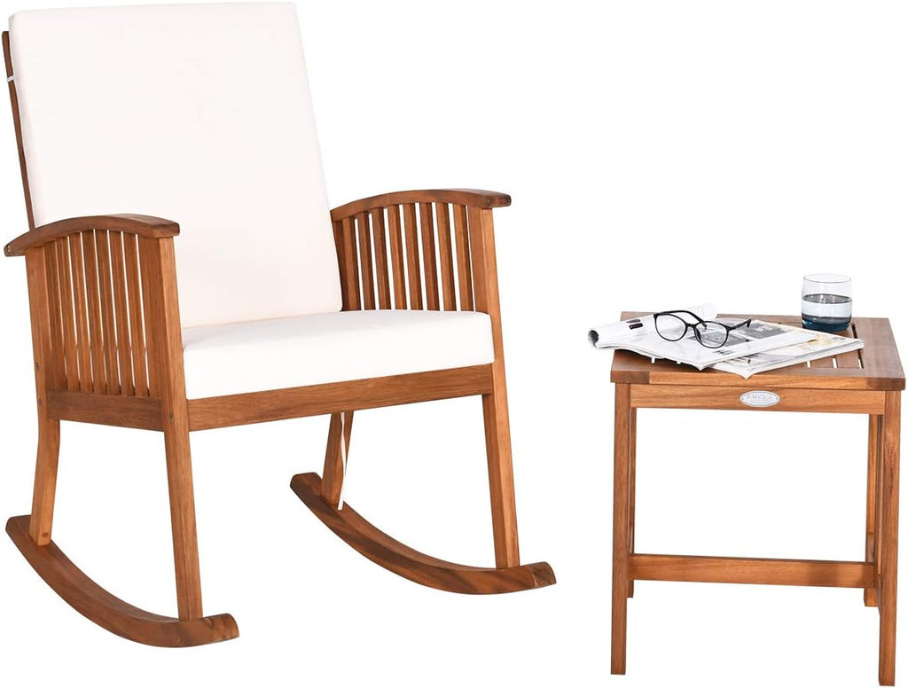 Tangkula Acacia Wood Patio Bistro Set, Outdoor Rocking Chair with Table, Porch Rocker with Thick Cushion of Detachable Cover, Porch Rocking Chair Table Set for Outdoor Indoor Patio Backyard, Teak
