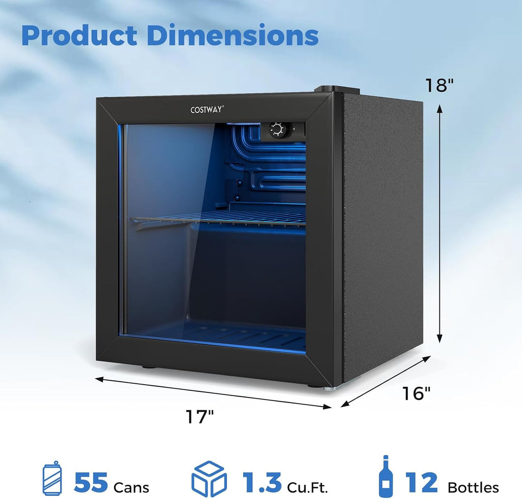COSTWAY Beverage Refrigerator Cooler, 1.3 Cu. Ft. 12 Bottles 55 Cans Mini Fridge with Tempered Glass Door, Removable Shelf & Adjustable Temperatures, Compact Drink Cooler for Wine, Beer & Soda