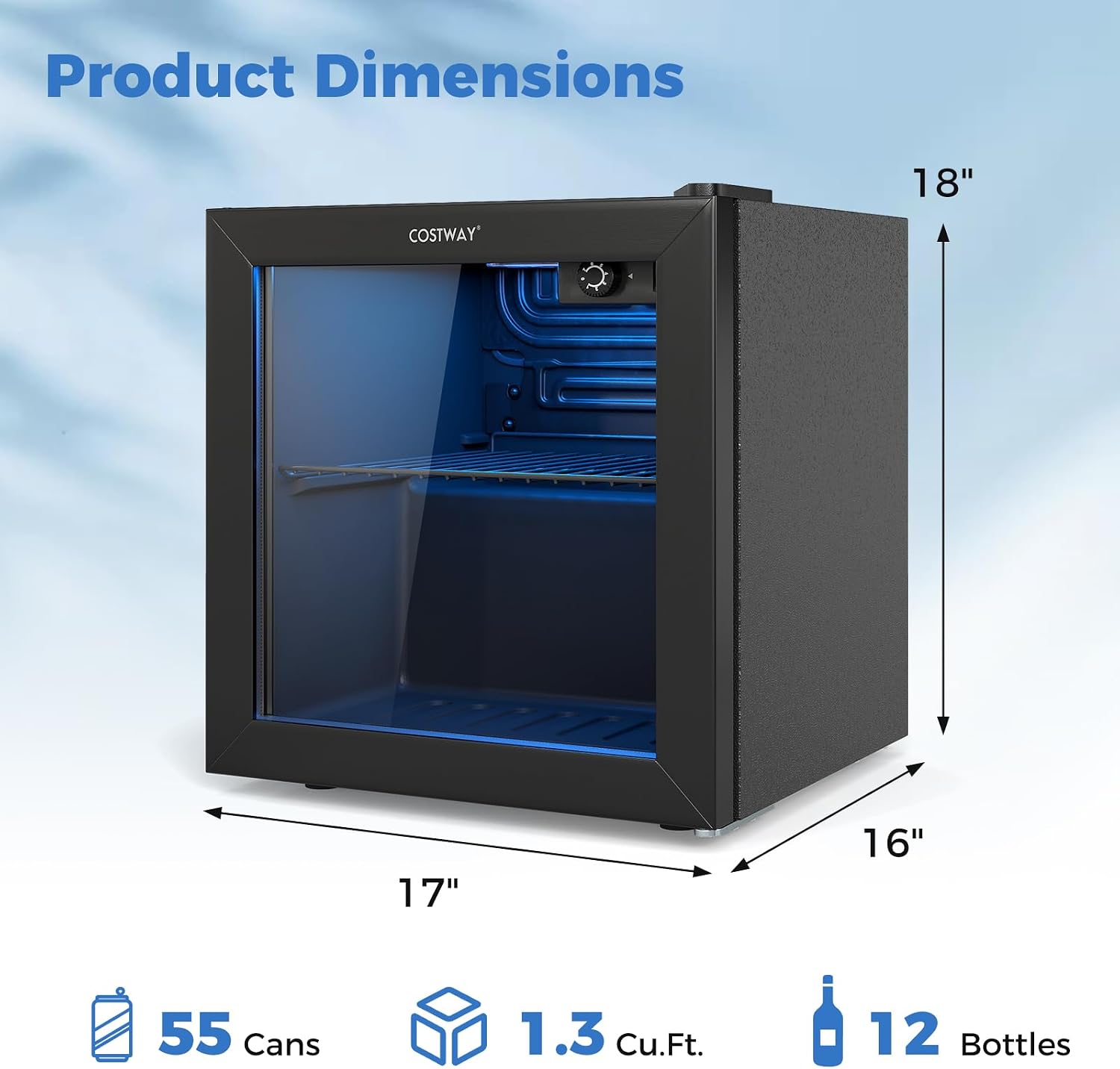 COSTWAY Beverage Refrigerator Cooler, 1.3 Cu. Ft. 12 Bottles 55 Cans Mini Fridge with Tempered Glass Door, Removable Shelf & Adjustable Temperatures, Compact Drink Cooler for Wine, Beer & Soda