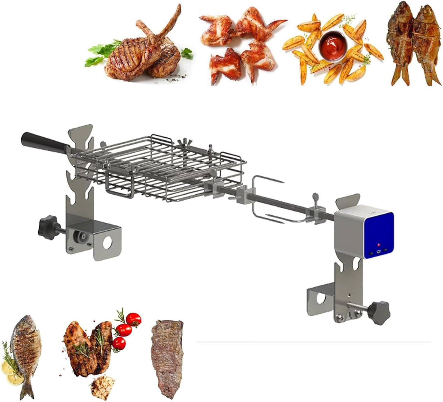 BBQ Grill Rotisserie Kit, Rotisserie Kit with 5V USB Electric Motor and Rotating Grilled Fish Clip, 3 Heights Adjustable, 32cm Length