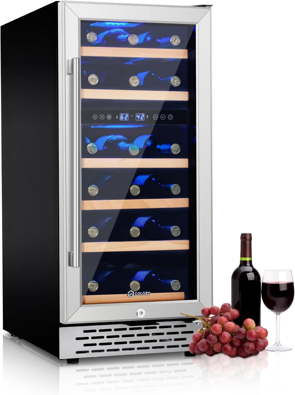 15 Inch Wine Cooler Refrigerator Under Counter, 28 Bottle Dual Zone Wine Fridge, Stainless Steel Built-in/Freestanding Wine Cooler, 40-65°F Tempered Glass Door/Temperature Memory Fit Red & White Wine