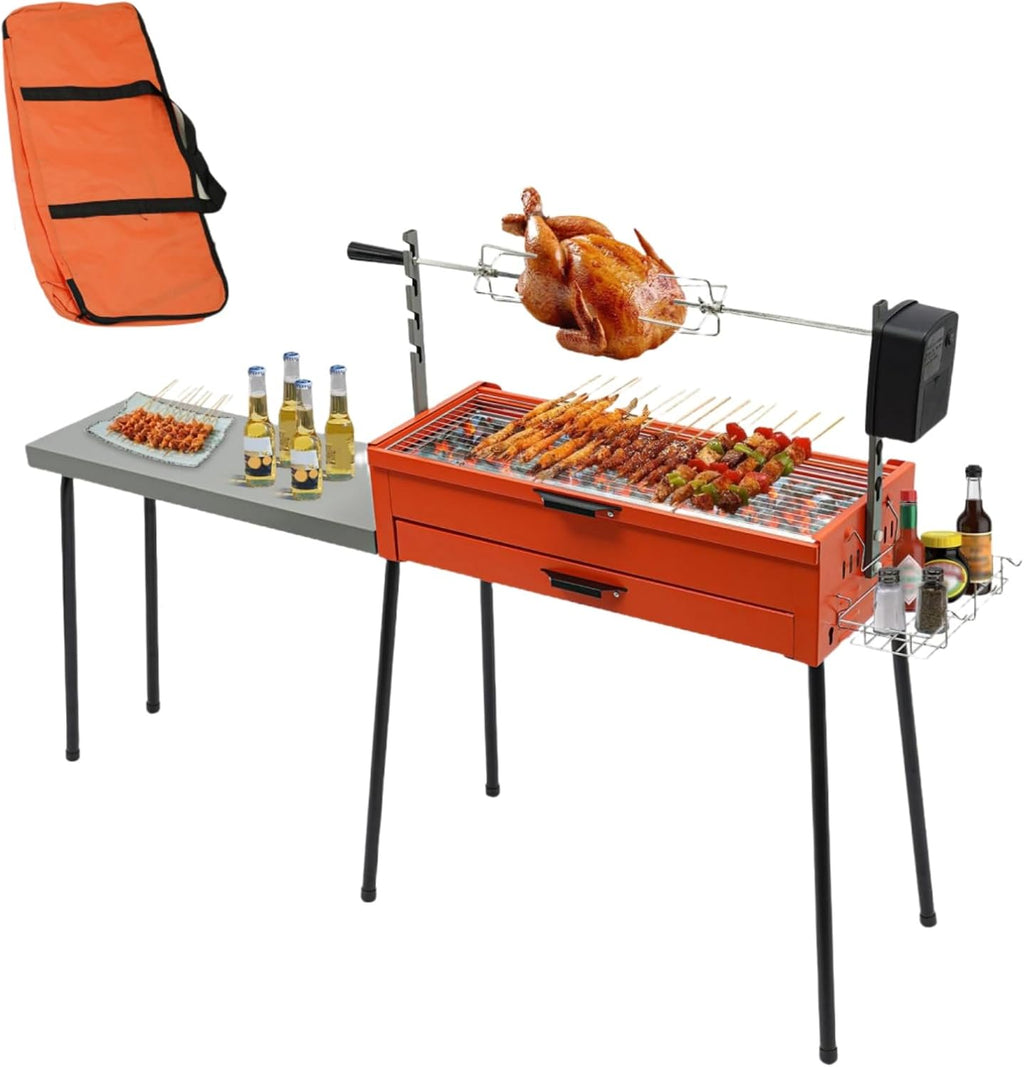 3-in-1 Portable Charcoal Grill with Detachable Table, Height Adjustable Camping Barbecue Grill with Rotating Grill & Grill Net - 44.1lbs Capacity - Grilling Area: 28×11in - for Parties Camping