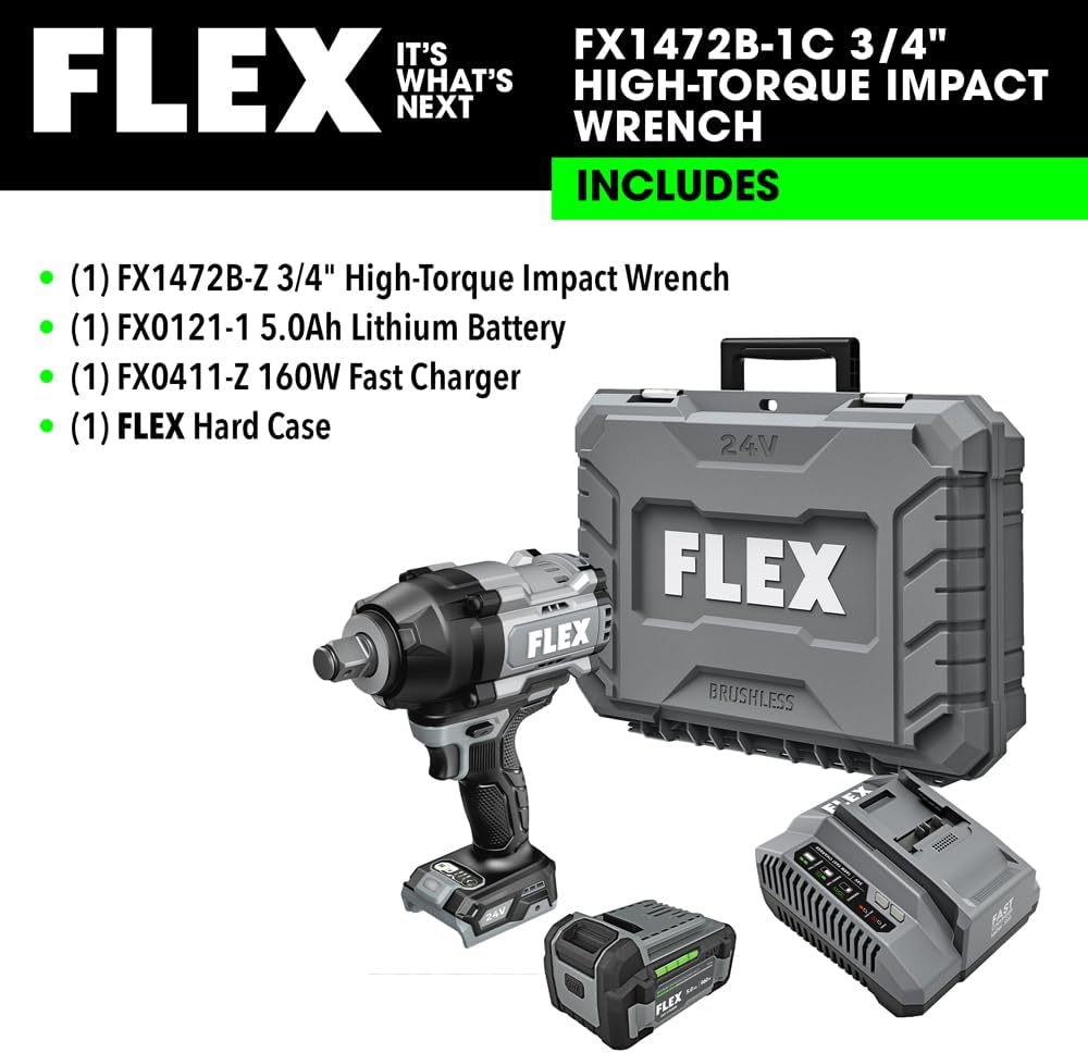 FLEX 24V Brushless Cordless 3/4-Inch 1,600 Ft-Lbs High Torque Impact Wrench Kit with 5.0Ah Lithium Battery and 160W Fast Charger - FX1472B-1C
