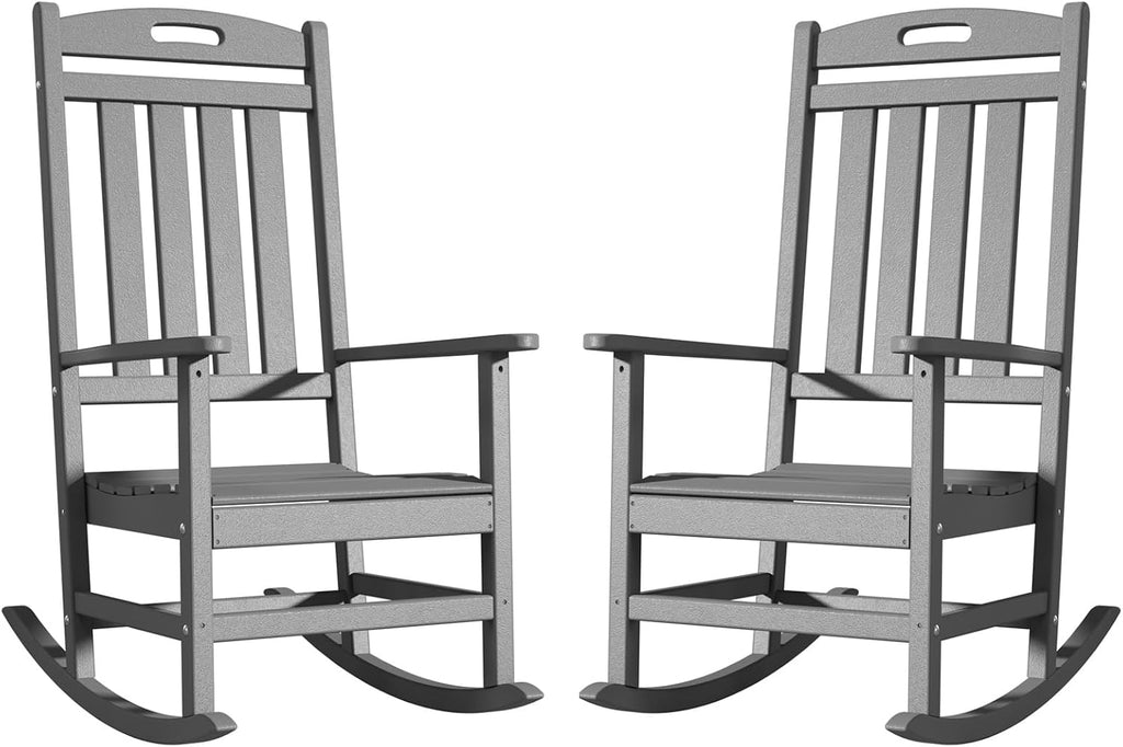 Outdoor Rocking Chair Set of 2, High Back Plastic Patio Rocking Chairs for Outside Porch Rocker Garden Lawn, All-Weather Resistant Poly Lumber Rocker Chair Outdoor, Slate Grey