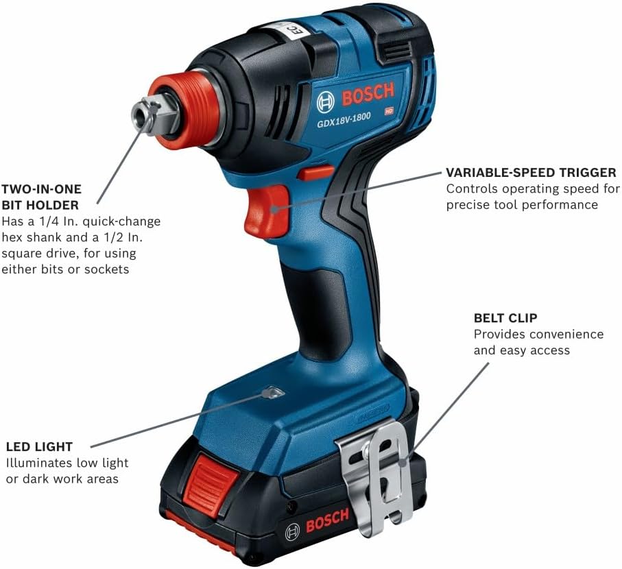 BOSCH GXL18V-497B23 18V Power Tool Combo Kit - 4 Tool Cordless Set with 1/2 In. Hammer Drill/Driver, Two-in-One Impact Driver/Wrench, Circular Saw, Worklight, Batteries & Charger