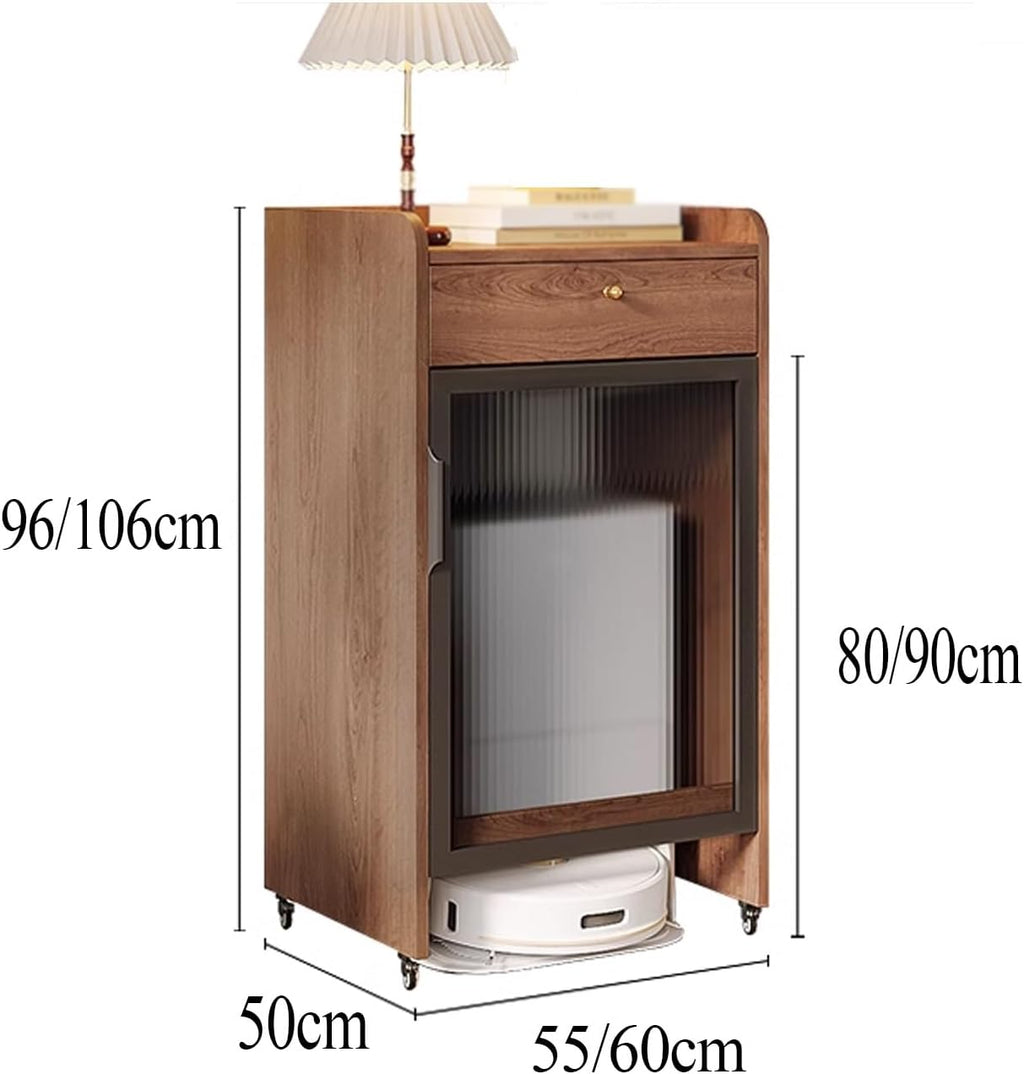 Small Storage Cabinet with Wheels for Robot Vacuum and Mop Self Emptying, Wooden Side Table Bedroom End Table for Robot Vacuum's Nest House for Living Room(Brown,55 * 50 * 96cm)