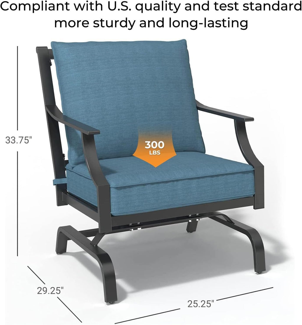 Grand patio 5-Piece Outdoor Furniture Set with 32'' Square Ceramic Tile Tabletop 50,000 BTU CSA Approved Fire Pit,4 Rocking Patio Chairs with Olefin Cushions and Pillows-Peacock Blue