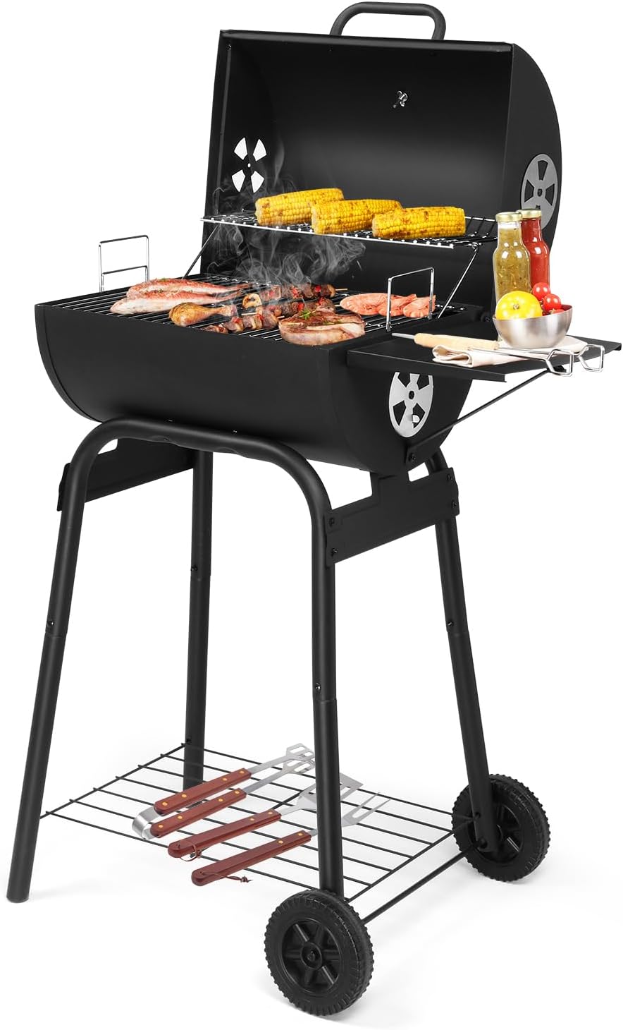 Charcoal BBQ Grill with Adjustable Charcoal Pan, Large Cooking Area, Air Dampers, Side Table, and Wheels, Portable Barbecue Grills for Outdoor Backyard, Camping, Patio Parties, and Picnics