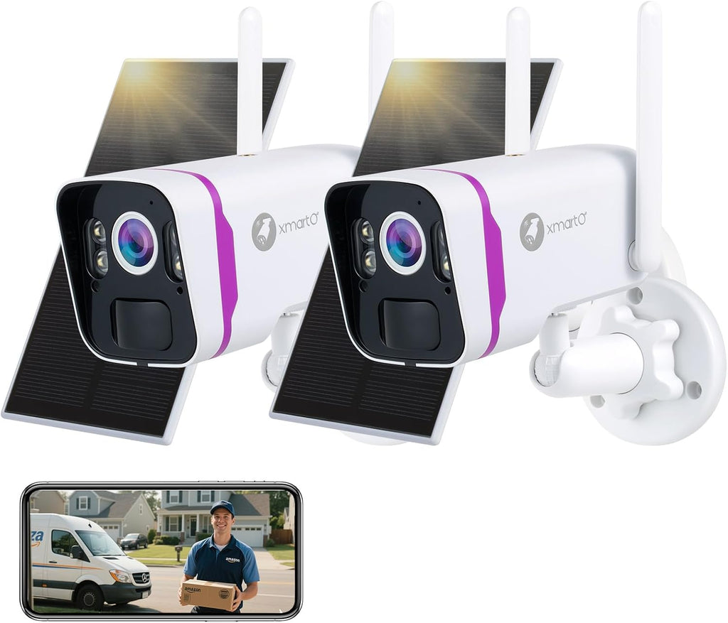 xmartO 2Pack Wireless Solar Outdoor Security Camera, 4MP 2K QHD WiFi6 Camera, All Weather 9000mAh Battery, IR&Color Night Vision, PIR Detection, 2-Way Audio, No Monthly Fees, Works NVR