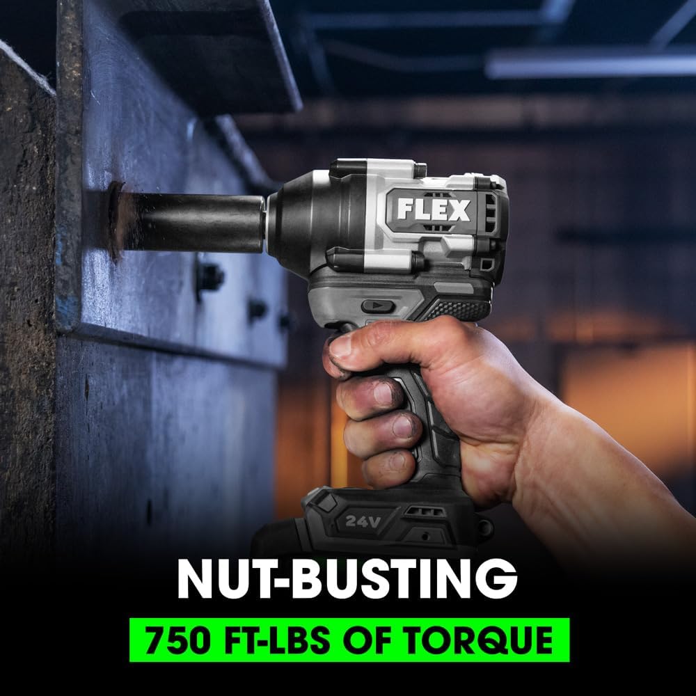 FLEX 24V Brushless Cordless 1/2-Inch 750 Ft-Lbs Mid-Torque Impact Wrench Kit with 3.5Ah Stacked Lithium Battery and 160W Fast Charger - FX1451-1F, Grey/Black