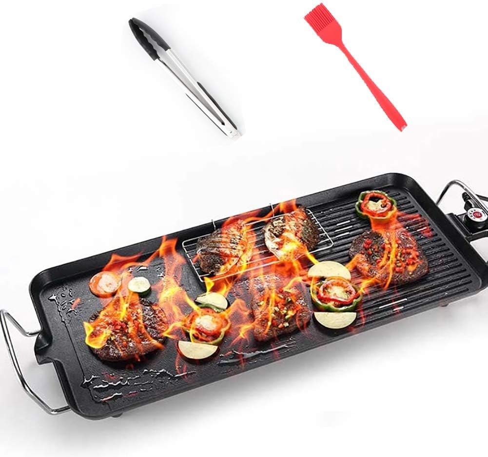 Portable Table BBQ Grilling Adjustable Temperature Control, with Barbecue Clip, Oil Brush Smoke Free Electric Barbecue Grill Drip Tray