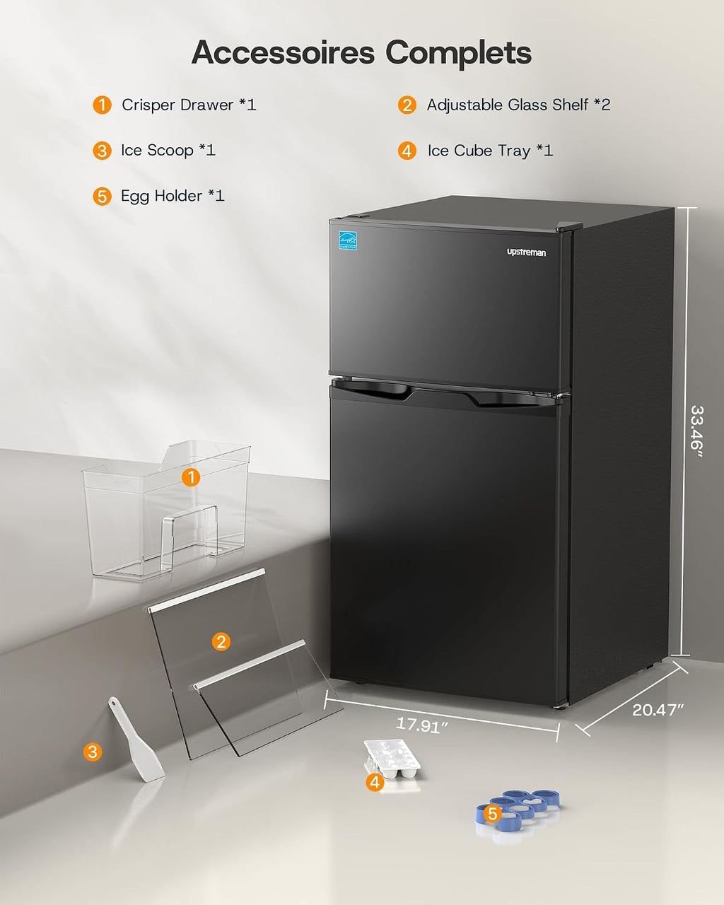 Upstreman 3.1 Cu.Ft Mini Fridge with Freezer, Double Door Small Refrigerator, Adjustable Thermostat, Energy Star Certified Low Noise Mini Refrigerator for Bedroom, Dorm, Apartment Black-TM31