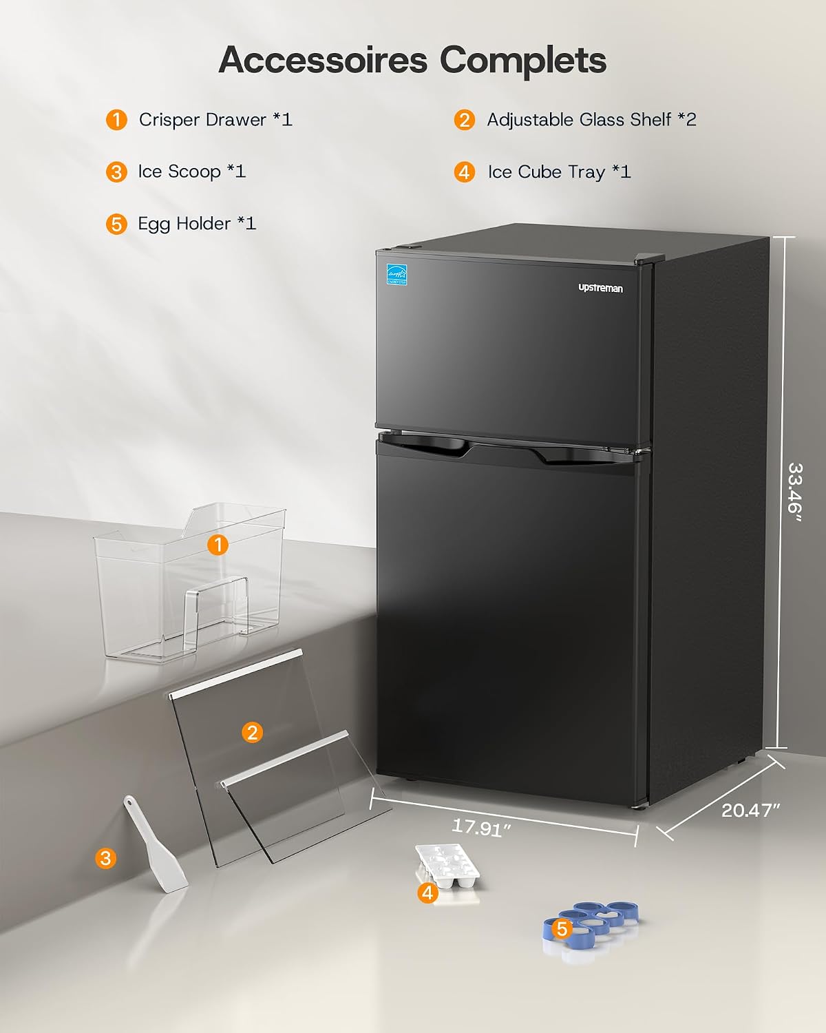 Upstreman 3.1 Cu.Ft Mini Fridge with Freezer, Double Door Small Refrigerator, Adjustable Thermostat, Energy Star Certified Low Noise Mini Refrigerator for Bedroom, Dorm, Apartment Black-TM31