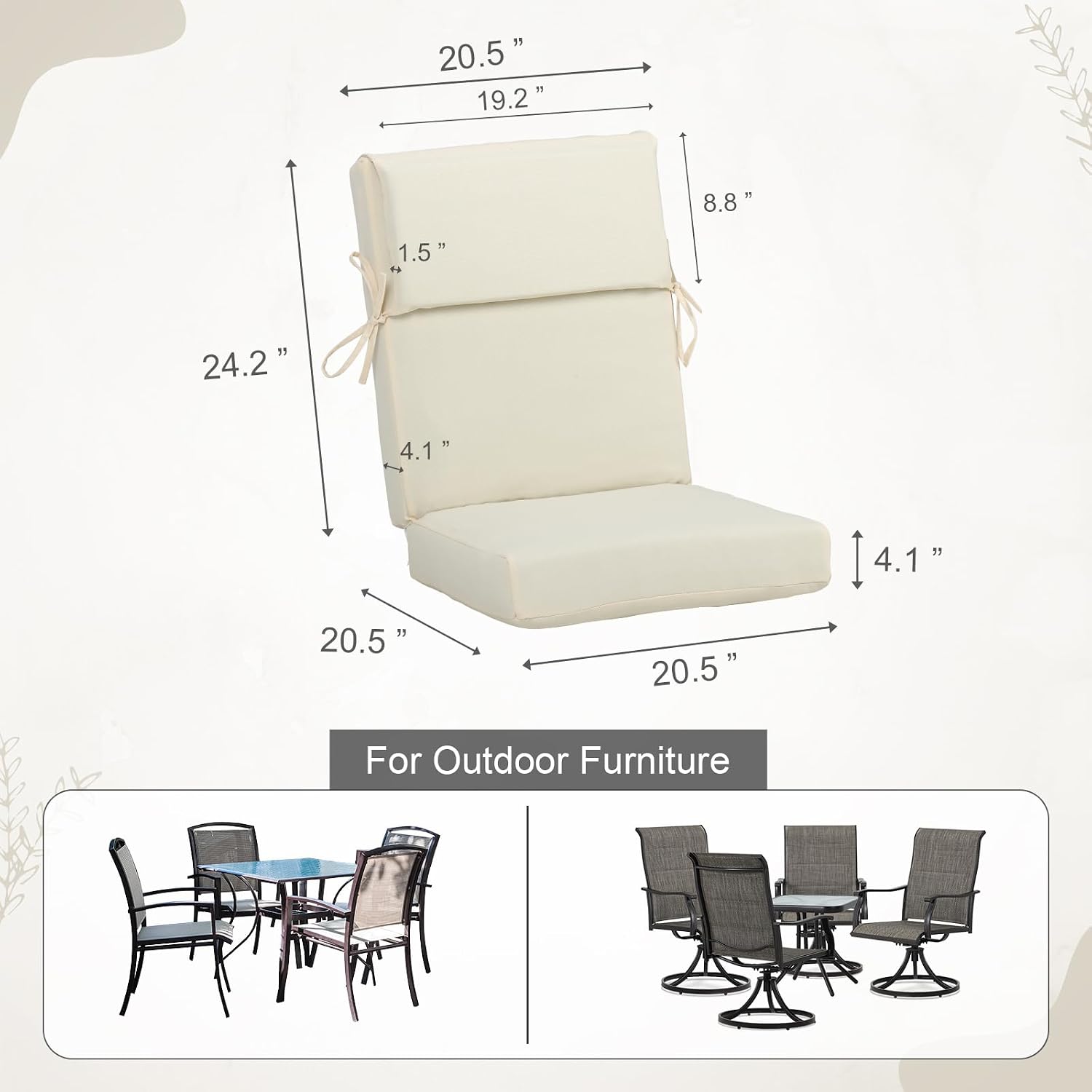 BPS 20 x 20 Inch Outdoor Rocking Chair Cushion Set of 4, Fade-Resistant and Water-Resistant Olefin Fabric Patio Chair Cushions with Removable Cover and Straps for Outdoor/Indoor Swivel, Dining Chairs