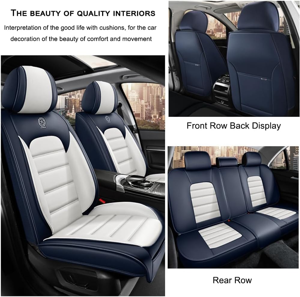 5 Seat Covers for Toyota Corolla Cross 2010-2025 2026 Leather Car Seat Covers Waterproof Anti-Slip Car Seat Protectors Comfort Automotive Seat Covers with Airbag（Standard,White+Blue）