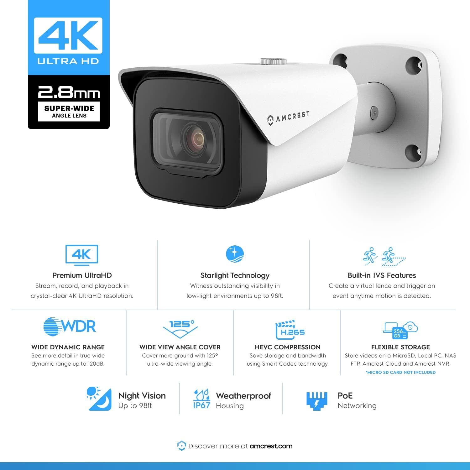 Amcrest 4K Security Camera System w/ 4K (8MP) 8CH PoE NVR, (4) x 8-Megapixel IP67 Weatherproof Metal Bullet POE IP Cameras, Pre-Installed 2TB Hard Drive, NV4108E-IP8M-2496EW4-2TB (White)