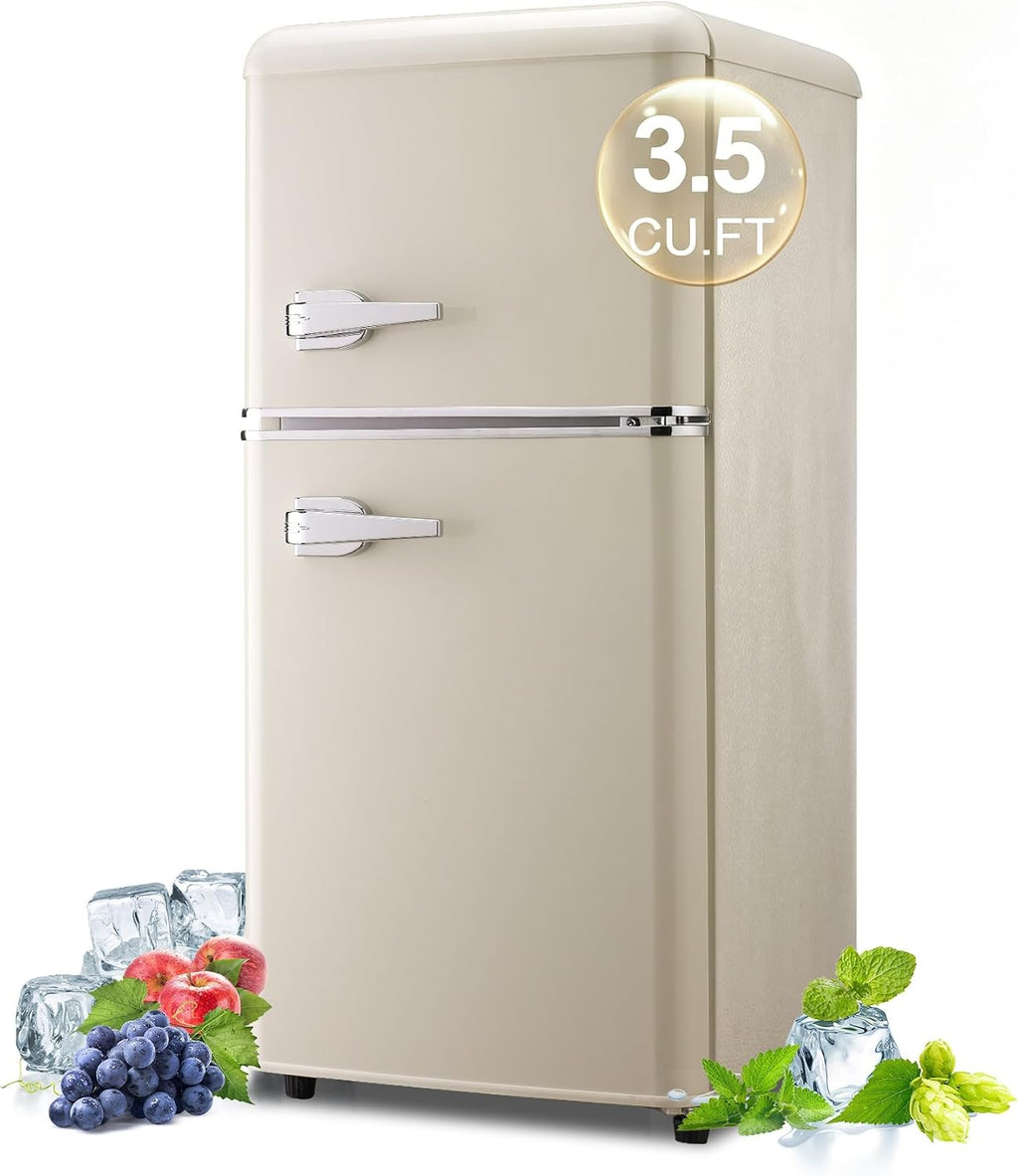 Retro Mini Fridge with Freezer 3.5 Cu. Ft, Small Refrigerator with 7 Level Adjustable Thermostat, Compact Classic Dual Door Fridge Removable Glass Shelves for Apartments, Dorm, Office, Cream
