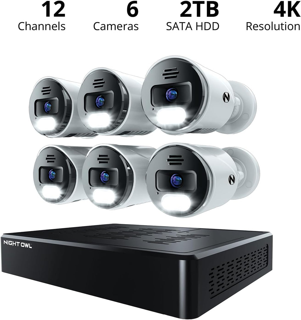 Night Owl Power Over Ethernet 12 Channel NVR Video Home Security Camera System with (6) Wired IP 4K HD Indoor/Outdoor Deterrence Cameras and 2TB Hard Drive (Add up to 4 Wi-Fi Cameras)