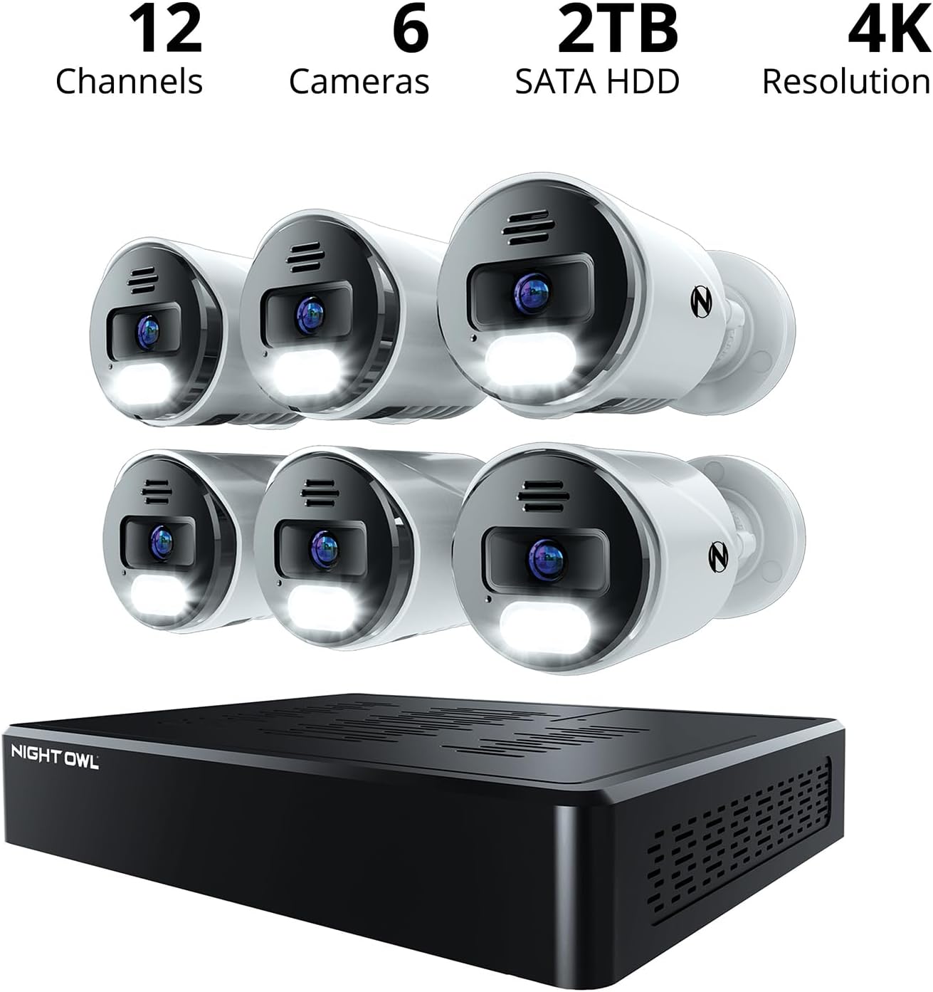 Night Owl Power Over Ethernet 12 Channel NVR Video Home Security Camera System with (6) Wired IP 4K HD Indoor/Outdoor Deterrence Cameras and 2TB Hard Drive (Add up to 4 Wi-Fi Cameras)
