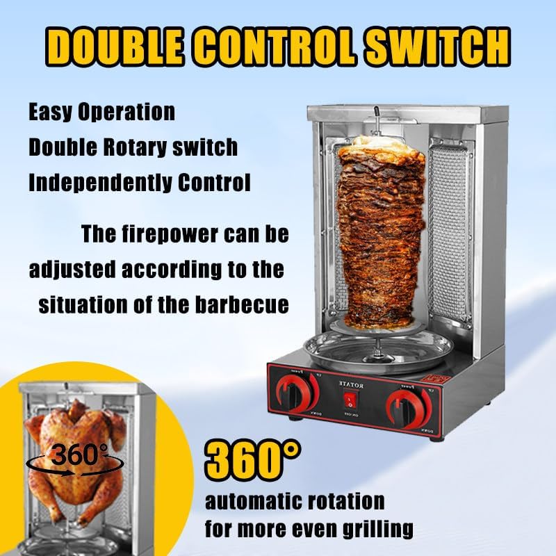 Shawarma Grill Machine, LPG Gas Gyro Grill Oven, Vertical Broiler Rotating, Doner Kebab Machine, with 2 Burners for Home Kitchen Adjustable Temperature,Roasting 10kg of Meat Silver