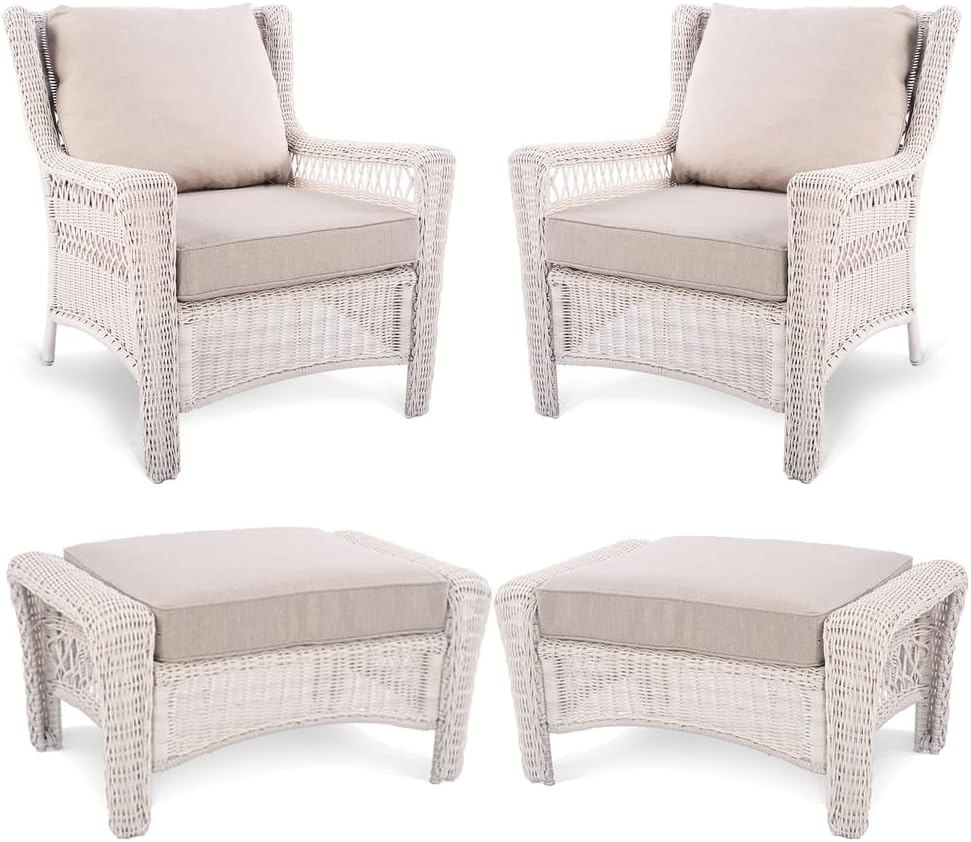 Park Meadow 4-Piece Patio Wicker Armchairs Bistro Set, All-Weather Hand-Woven HDPE Rattan Chairs with Ottoman Footrest for Backyard Porch Deck (Taupe Beige/Off-White)