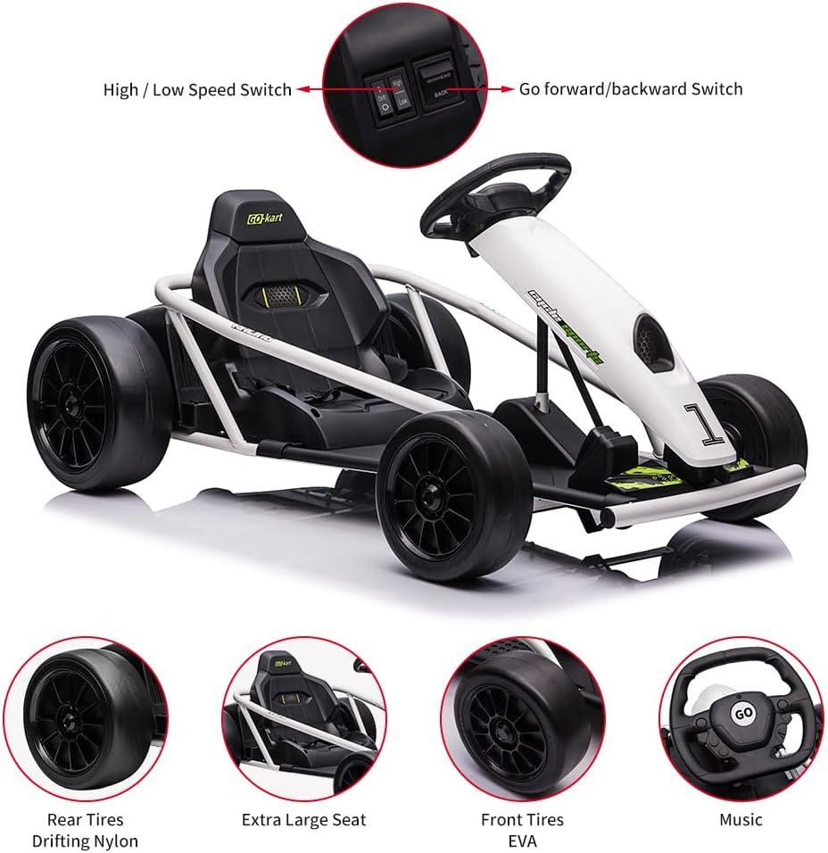 Go Kart, Big Kids Electric Karts, 24v 2 x 300w 8MPH Support for Smooth Slew Drift with Slow Start and Seat Belt for Double Protection, with Musical Horns, Maximum Load 180Lbs, for Kids 8-11 Year