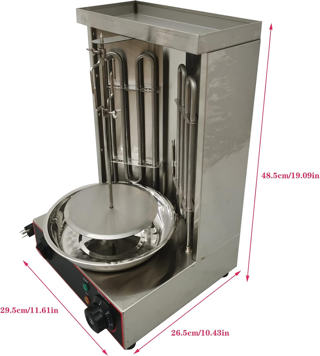 Electric Barbecue Shawarma Gyro Grill 2 Burners Commercial Stainless Steel Vertical Broiler Kebab Machine Adjustable Temperature with Meat Catch Pan and Rotating Doner for Restaurant Kitchen